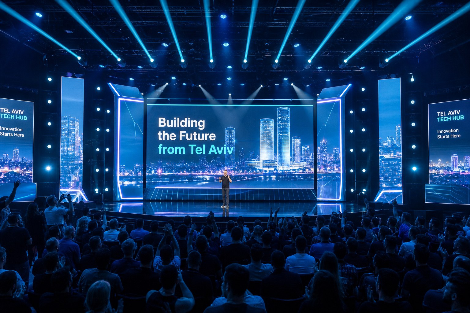 Tech conference stage with LED screens
