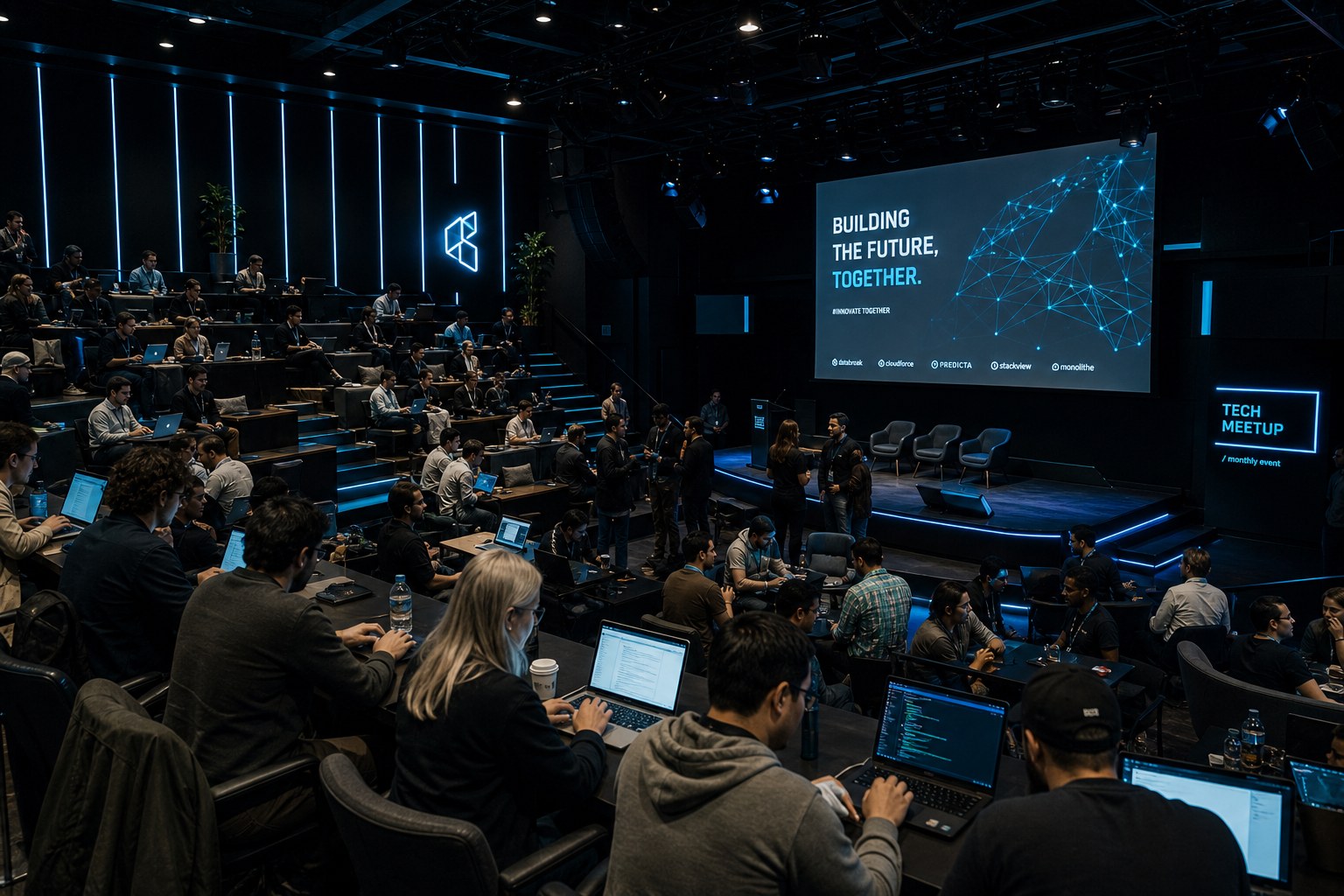 Coworking auditorium with laptops